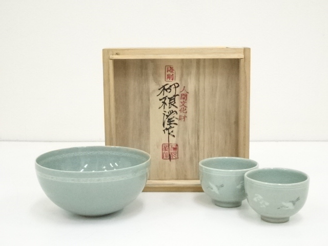 JAPANESE TEA CEREMONY / KOREAN CELADON TEA BOWL CHAWAN & TEA CUP SET YU HEGAN 